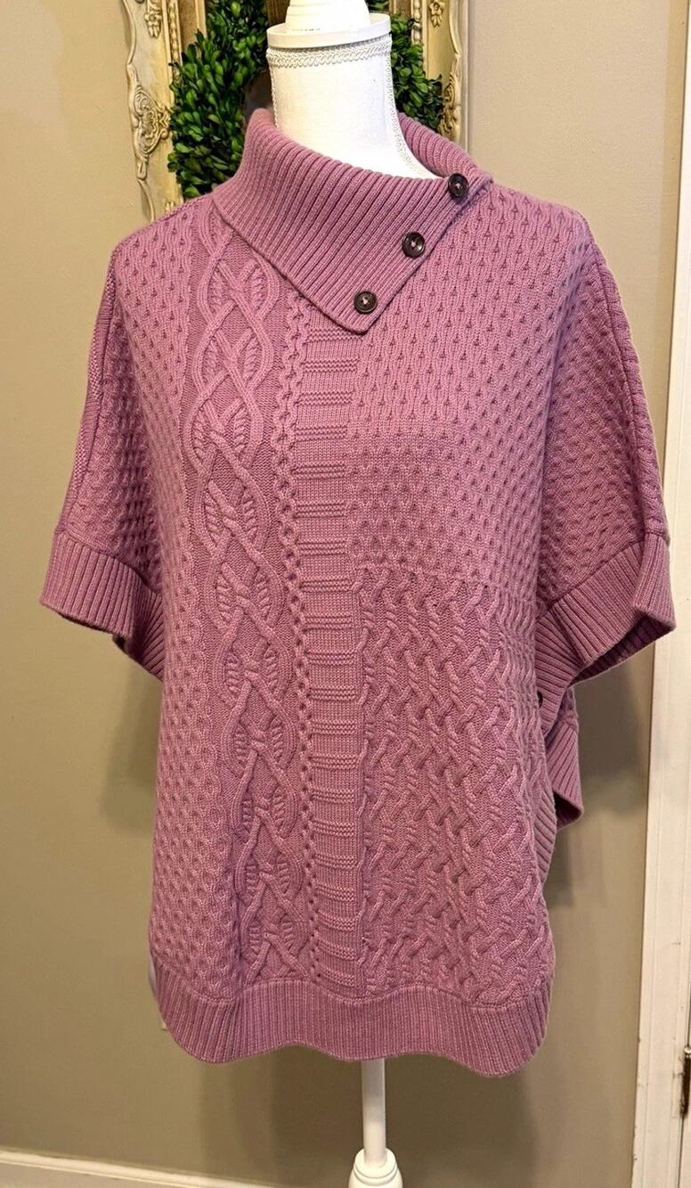 Talbots Purple Cable Knit Cowl Neck Button Cape Sweater Women's Size S
